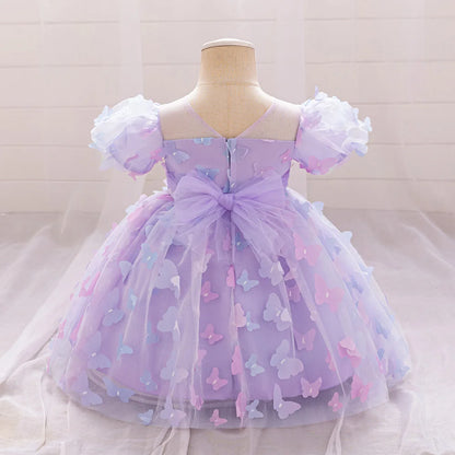 Toddler Girl Party Dress Colorful Gradient 3D Butterfly Prom Gown Girl Bow Lace Birthday Wedding Princess Summer Dresses Evening
