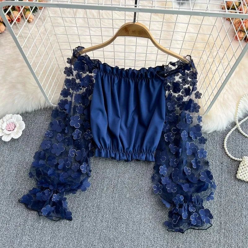 Flower Three-dimensional Decoration Slash Neck Long Sleeve Women's Blouse Shirt Korean Fashion Female Clothing Tops 2024 Summer