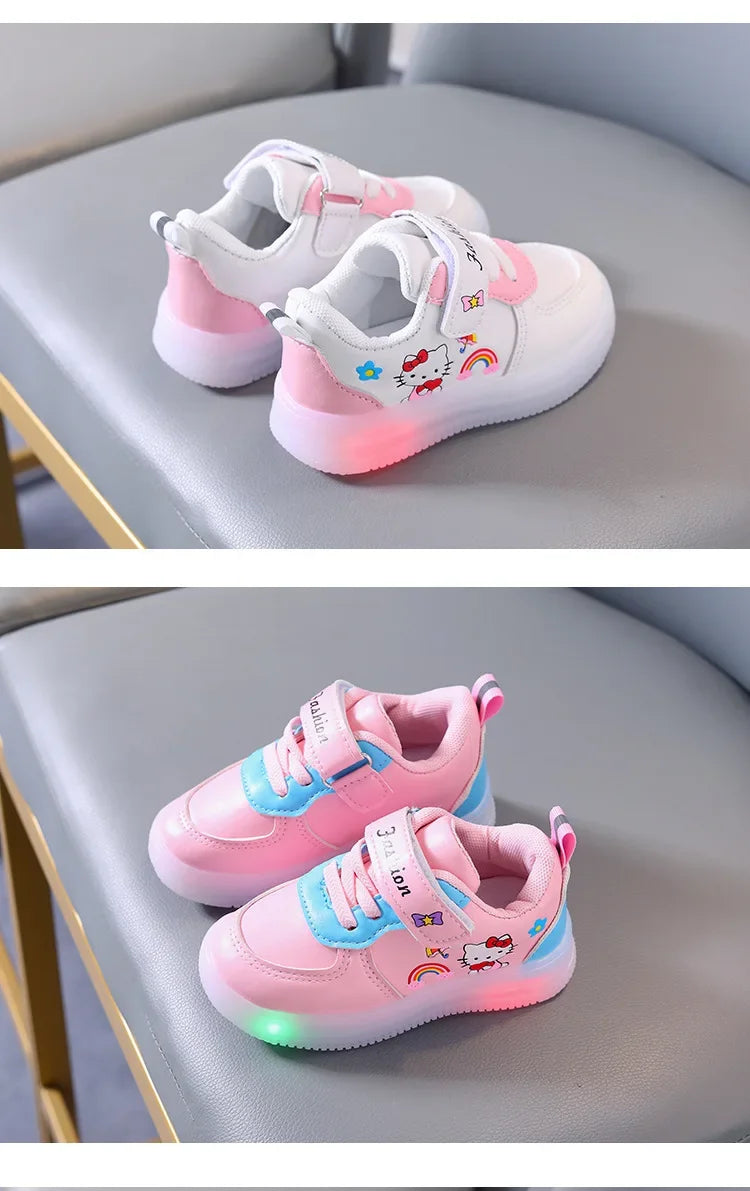 Spring Autumn Baby Girls Hello Kitty Led Light Shoes Children's Sneakers Toddler Anti-slip Walking Shoes Girls Outdoor Shoes