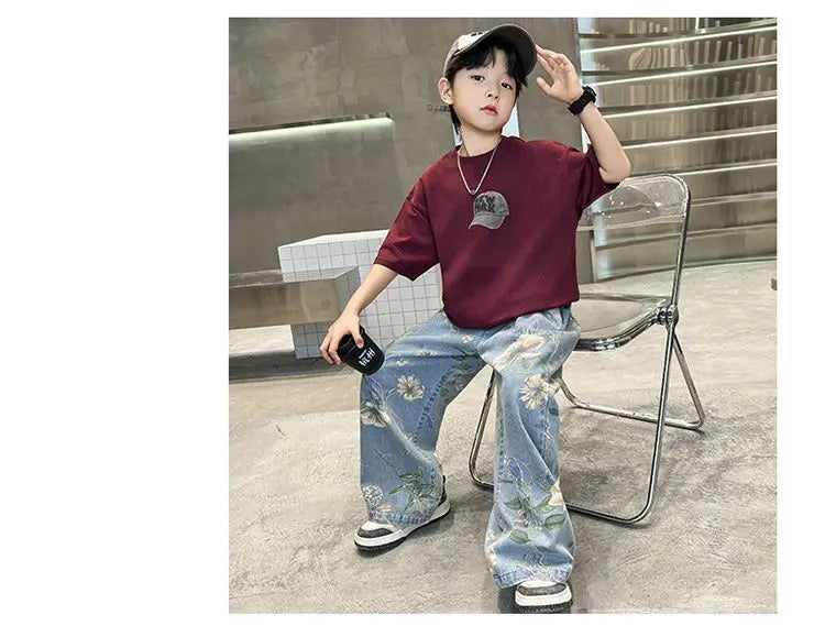 Boys' Summer Outfit Sets New Style Children's Short Sleeved T-shirt Long Pants Two-piece Suits Big Children's Stylish Sets