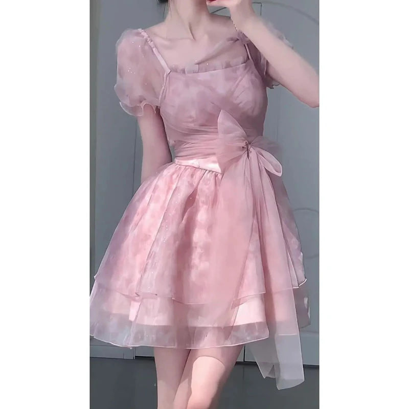 Princ Sle Sweet Fairy T Summer Dr Women's Me Skirt Tea Break  Knot Puffy Skirt ort Sve Square Collar