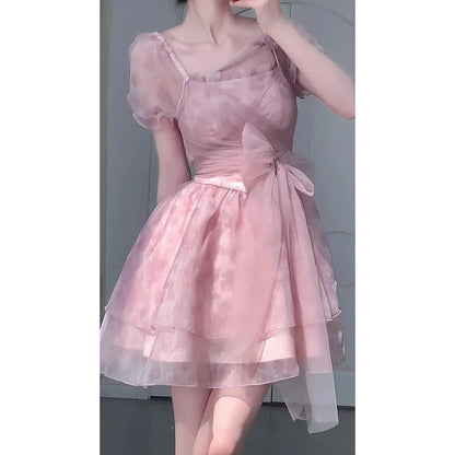 Princ Sle Sweet Fairy T Summer Dr Women's Me Skirt Tea Break  Knot Puffy Skirt ort Sve Square Collar