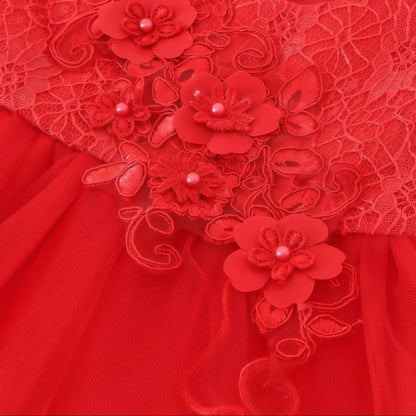 Toddler Girls Party Dress Infant Baby Christmas New Year Red Lace Flower Beaded Princess Dress For Newborns Wedding Baptism Gown