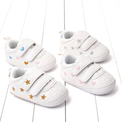 Baby White PU Sneaker Non-slip for Toddler Boys and Girls Cute Embroidery Stars and Hearts
