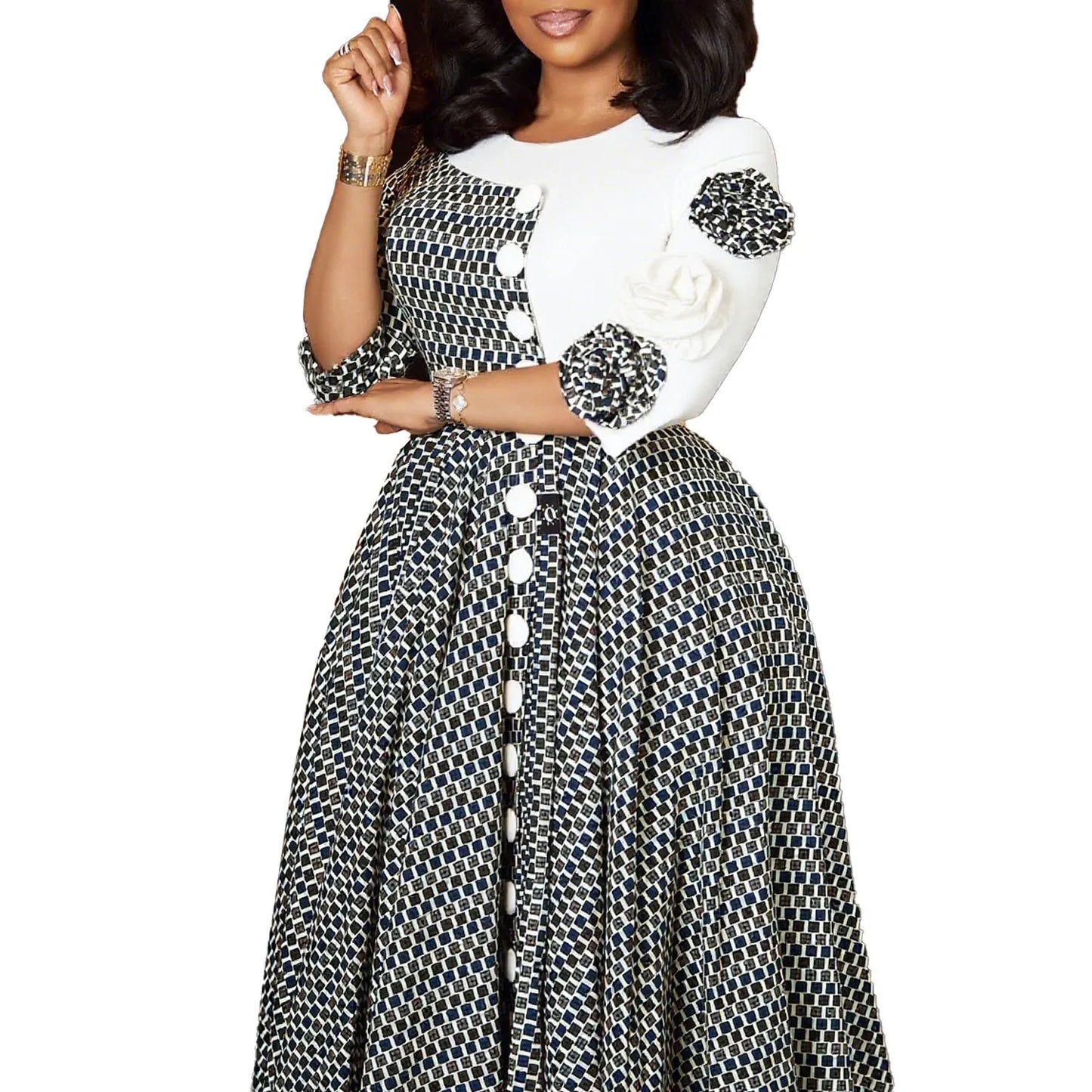 Elegant Dresses for Women O Neck Half Sleeve High Waisted Pleated Mid Calf Fashion Printed Luxury Birthday Party Dinner Dress