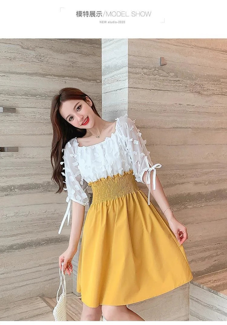 Women Summer French Style Elastic Waist Dress Korean Edition New Splicing Design Slim Half Sleeve Fairy Knee-length Dresses
