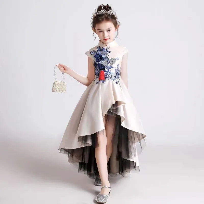 Girls' Fashion Evening Dress Children's Chinese Style Host Piano Performance Costume Dress Kids' Stand up Embroidered SkirtLI852 (Available)