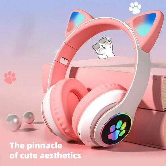 P47M Wireless Headphone Flash Light Cute Cat Bluetooth with Mic Control LED Stereo Music Helmet Phone Bluetooth Headset Gift
