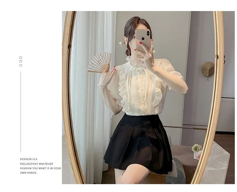New Chinese Button French Ruffled Lace Gentle Chiffon Shirt 2025 Summer Fashion Temperament New Design Small Shirt Stylish Top