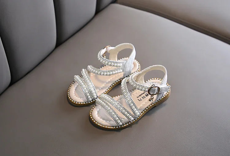 Summer Children's Sandals Korean Style Open-toe Kids Girls Causal Rhinestone Pearl Flats Sandals Fashion Princess Dress Shoes