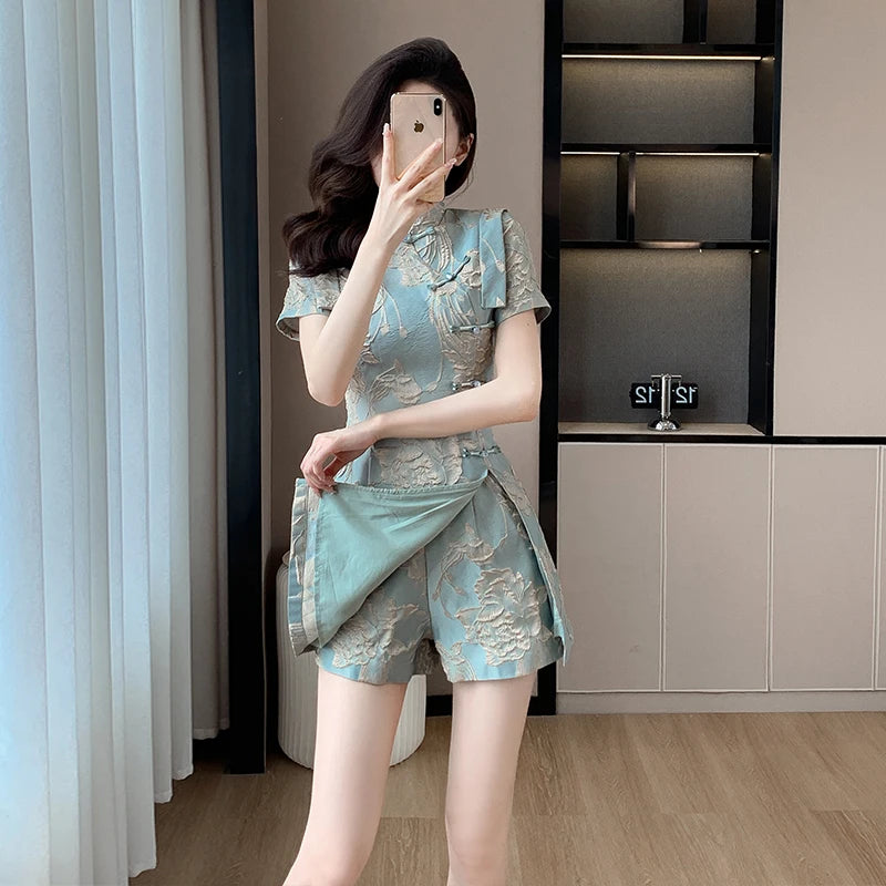 Faionable  Outfit Stand Collar Side Button Mid-Length irt orts Two-Piece Set New 2025 Versatile Nylon Material