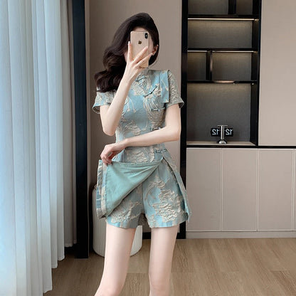 Faionable  Outfit Stand Collar Side Button Mid-Length irt orts Two-Piece Set New 2025 Versatile Nylon Material