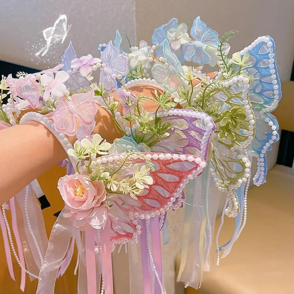 Fresh Sweet Butterfly Flowers Hairband Pearl Beads Silk Ribbon Floral Headwear Fairy Hair Jewelry Decorative Headwear Women Wear