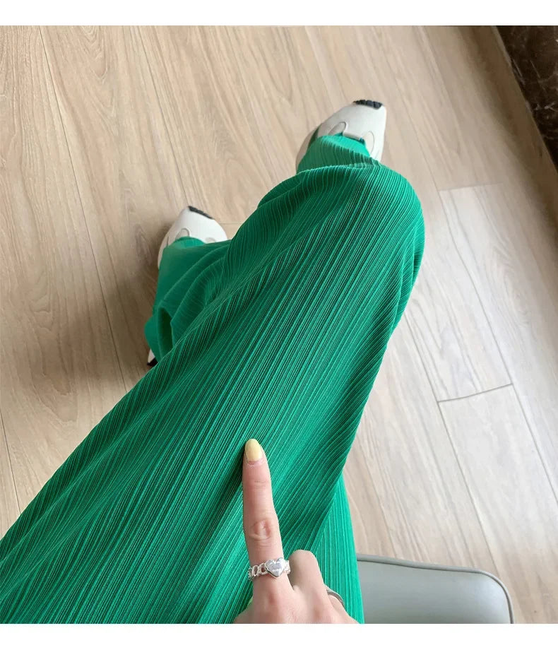 Korea Dongdaemun Ice Silk Wide-leg Pants Women's Thin Slimming Floor Pants White Striped Pants Y2K Fashion Pants Baggy (Available)
