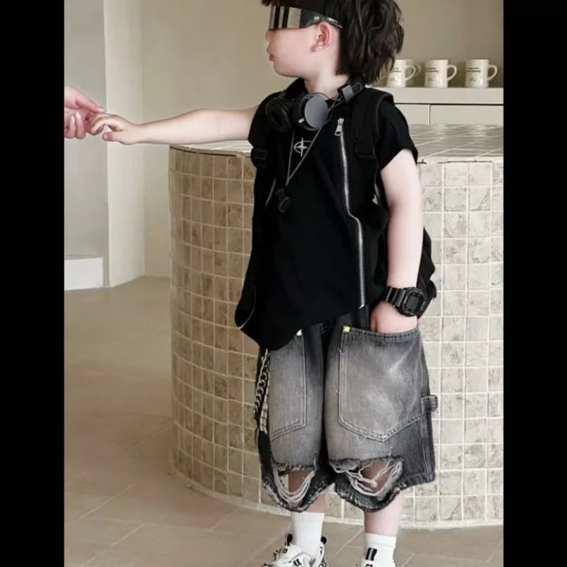 Boy Handsome Korean Version Sleeveless Vest + Retro Ripped Denim Shorts Two-piece Set Children's Casual Loose Set
