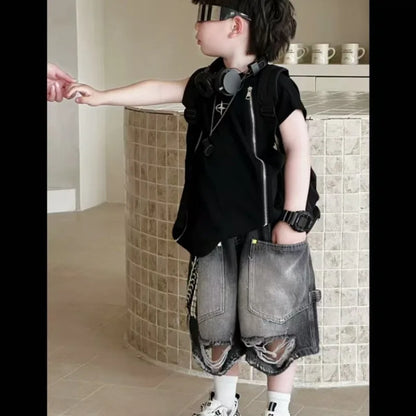 Boy Handsome Korean Version Sleeveless Vest + Retro Ripped Denim Shorts Two-piece Set Children's Casual Loose Set