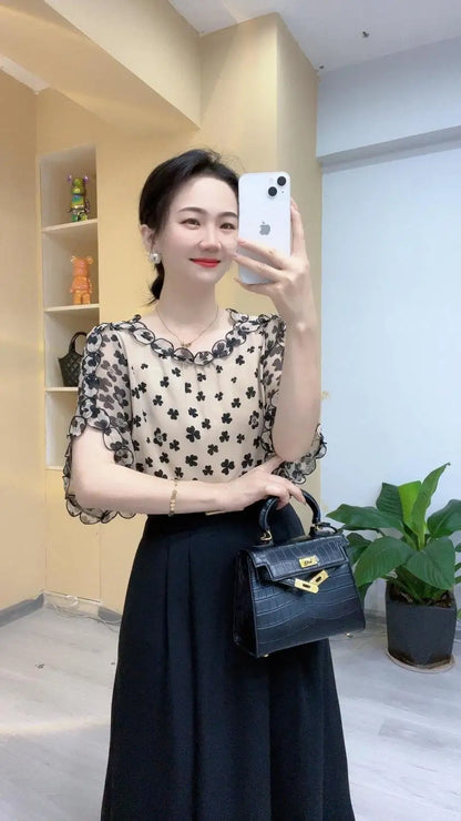 Elegant O-Neck Printed Folds Ruffles Flare Sleeve Blouses Women's Clothing 2024 Summer New Loose Korean Tops Office Lady Shirts