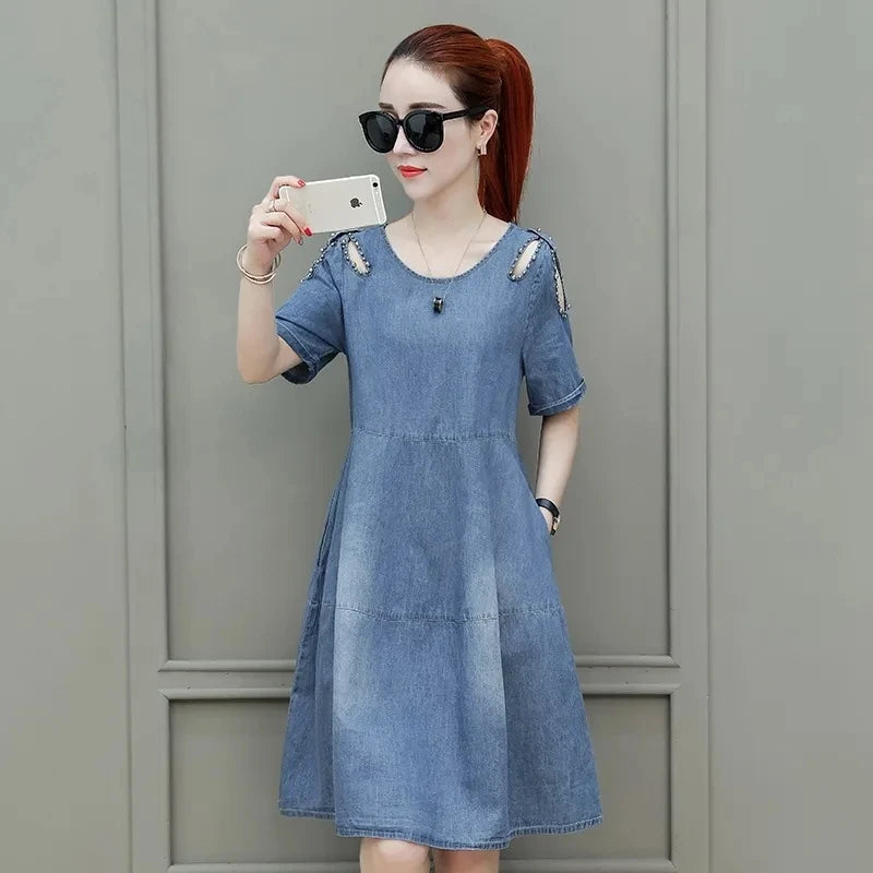 Short sleeved Denim Dress Summer Women's 2024 New College style Fashion Student Loose Dress With pockets Casual Clothing
