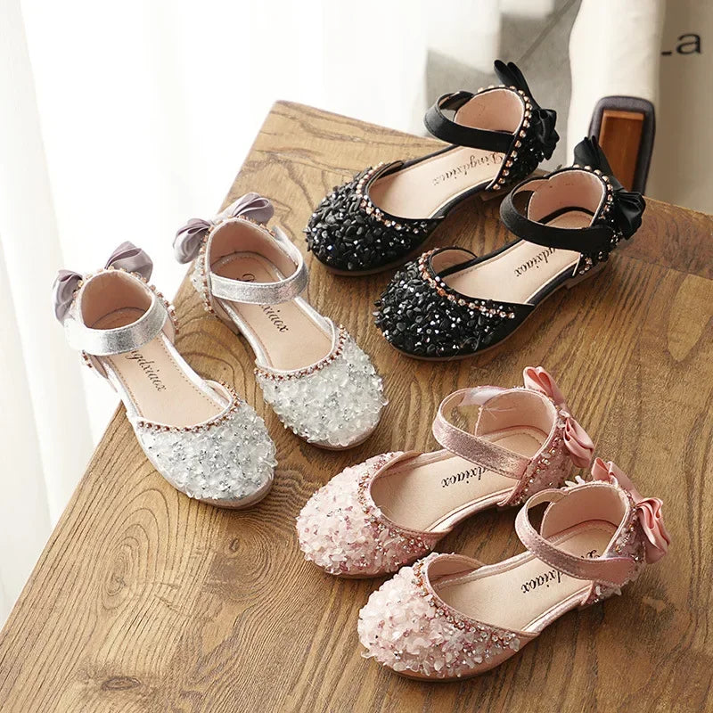 Girls' Sweet Leather Shoes with Back Knot Soft Sole Half Sandals Crystal 2025 Summer New Kids Princess Shoes for Party Wedding