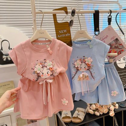 Korean Fresh Style Summer Set Cute Short Sleeve Top & High-Waist Shorts for Girls, 2-Piece Outfit