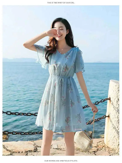 Sweet V-Neck Printing Shirring Bow Chiffon Floral Dress Female Clothing Summer New Loose Butterfly Sleeve Princess Dress