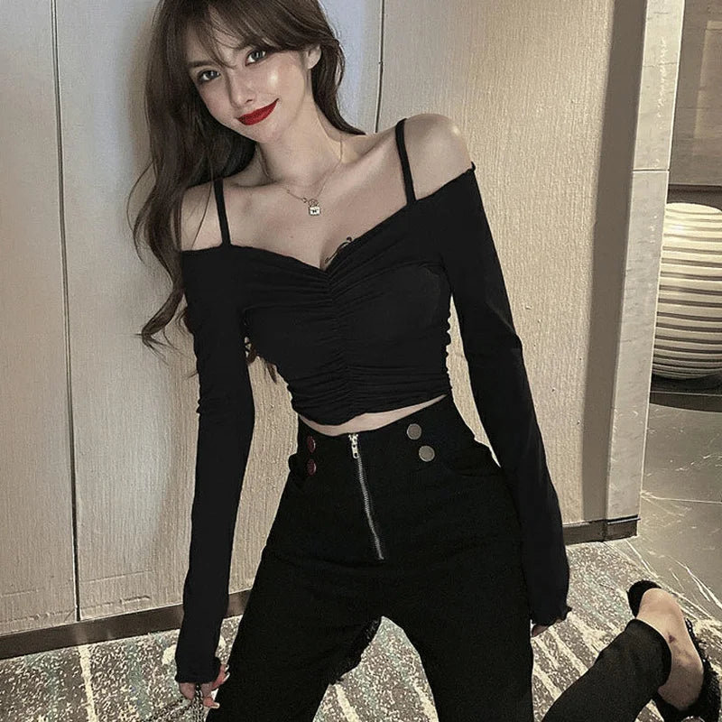 Slash Neck T-Shirts Women Sexy Lady New Design Solid Shirring All-match Футболка Женский Summer Slim Cozy Ins Chic Korean Trendy