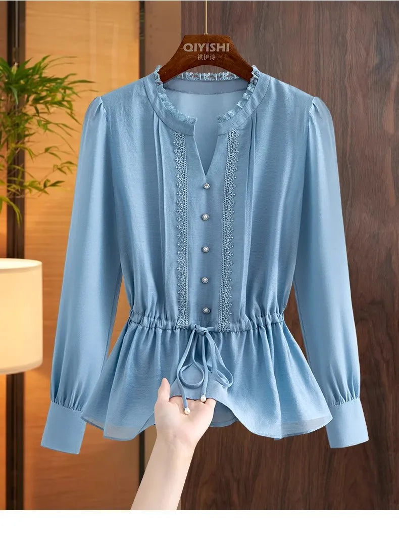 Elegant French Style V-Neck High End Blue Long Sleeve Blouse 2025 Fall New Belt Lace-up Fashion Slim Cinched Waist Tops Shirts