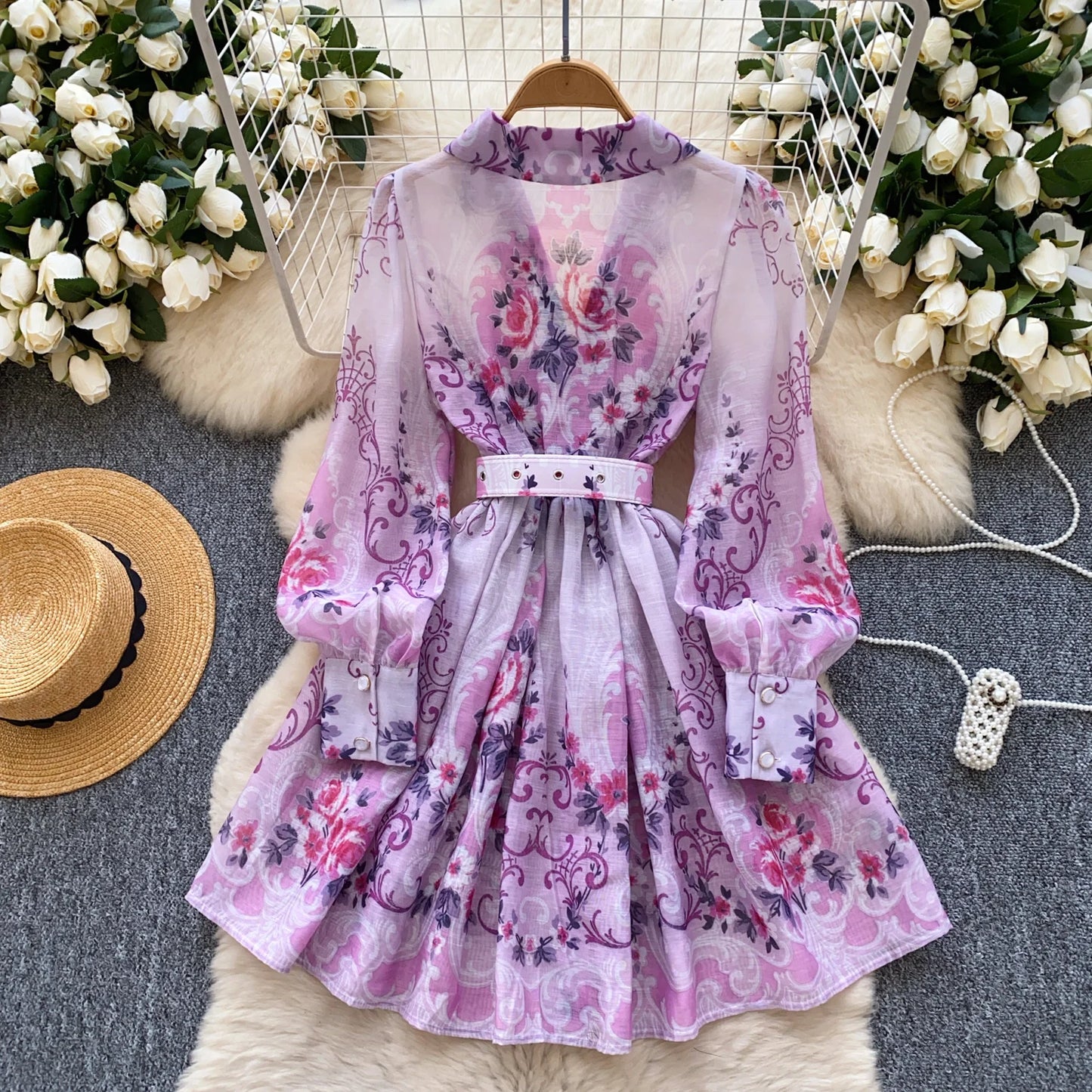 France Elegant Vintage Palace Evening Dress Women Sashes Button Print Short Party Dress Female Casual Chic Festival Clothing New