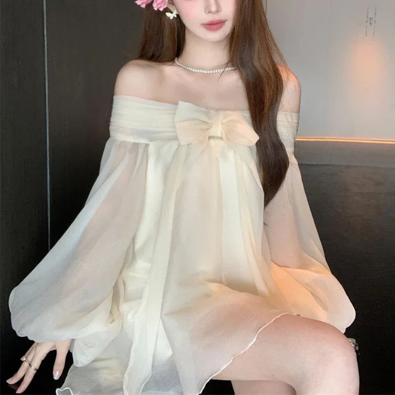 Bow Slash Neck Vestidos Off Shoulder Dress Sexy Sweet Vestido Fairy Mini Loose Dresses Spring 2026 New Long Sleeve Ropa Mujer