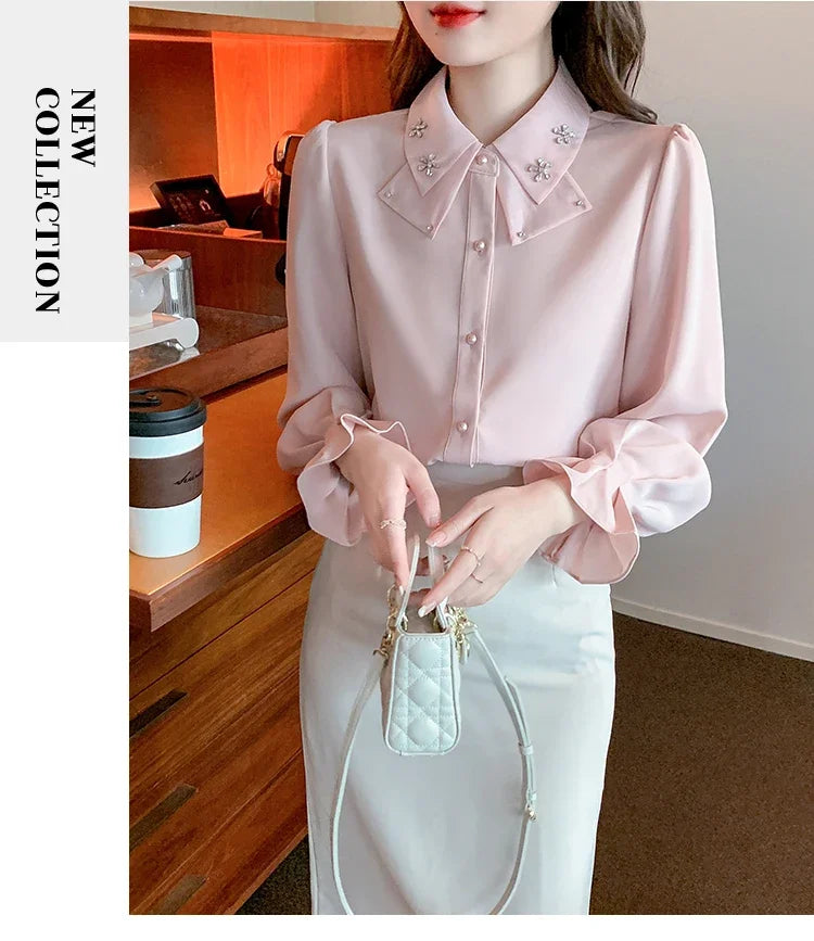 Elegant Long Sleeve Chiffon Shirts Women Autumn Winter Fashion White Blusa Feminina Korean Style Office Ladies Tops Blouses