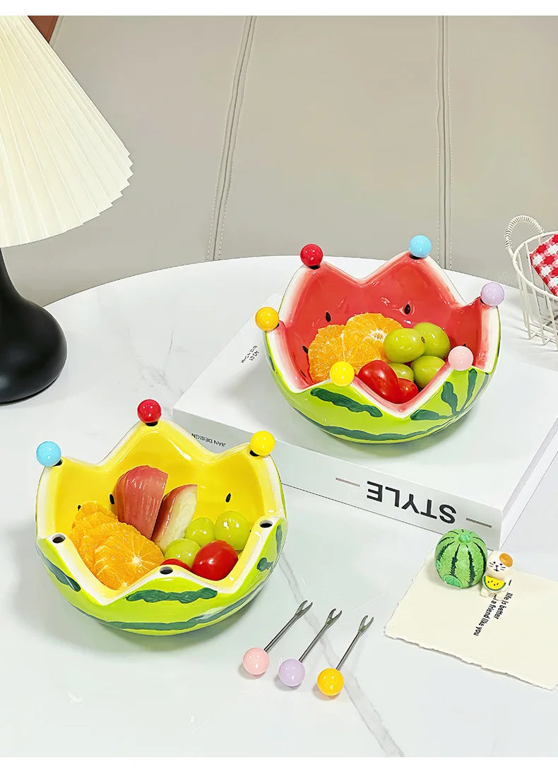 Watermelon Fruit Plate Creative Ceramic Fruit Fork Set Large Capacity Living Room Coffee Table Fruit Bowl Plate Cute  Ornaments (Available)