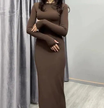 Womens Dresses 2025 Spring Autumn New Fashion Sexy Skinny Hip Hugging Comfortable Solid Color Casual Round Neck Long Dress