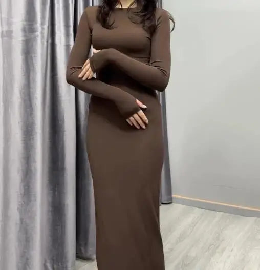 Womens Dresses 2025 Spring Autumn New Fashion Sexy Skinny Hip Hugging Comfortable Solid Color Casual Round Neck Long Dress