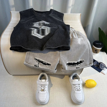 New Boys Fashion Summer Cotton Letter Printing T-shirts+Graffiti Denim Shorts 2pcs Set Kids Korean Outfits Sets Children Clothes
