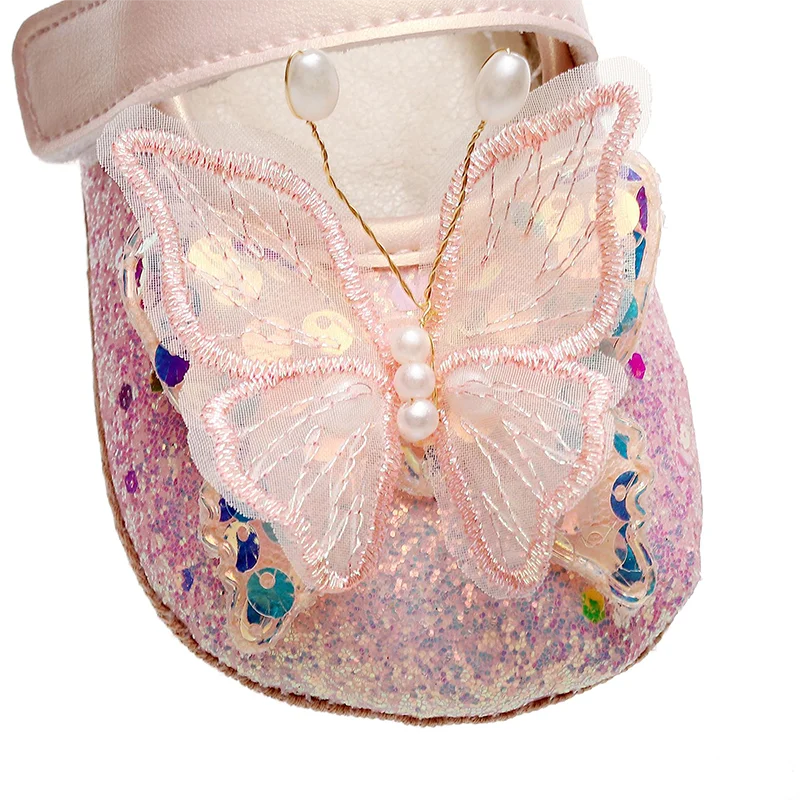 Shiny 3D Butterfly Princess Dress Shoes for Baby Girl Glitters Flats Non-Slip Crib Shoes Walking Shoes for Toddlers Infants