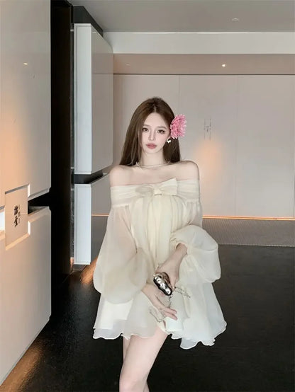 Bow Slash Neck Vestidos Off Shoulder Dress Sexy Sweet Vestido Fairy Mini Loose Dresses Spring 2026 New Long Sleeve Ropa Mujer