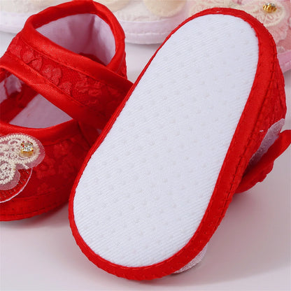 Baby Girls Princess Shoes and Turban Hat Set Bow Decor Lace Soft Non-slip Bottom First Walking Shoes