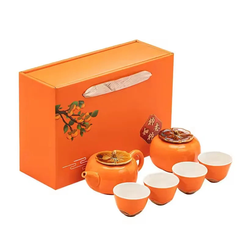 Chinese Travel Kung Fu Ceramic Tea Set 1 Teapot 4 Teacups Tea Ceremony Portable Persimmon Shape Teapot Exquisite Gift Box
