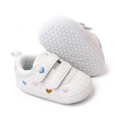 Baby White PU Sneaker Non-slip for Toddler Boys and Girls Cute Embroidery Stars and Hearts