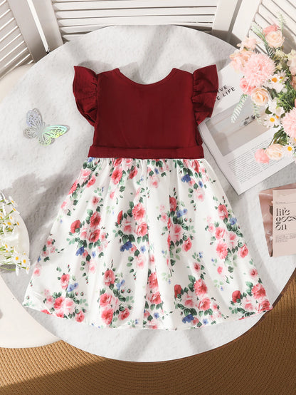 Girls' New Summer Collection: Flutter Sleeve Dress Floral Print Princess Dress with Belt Casual Dress for Girls