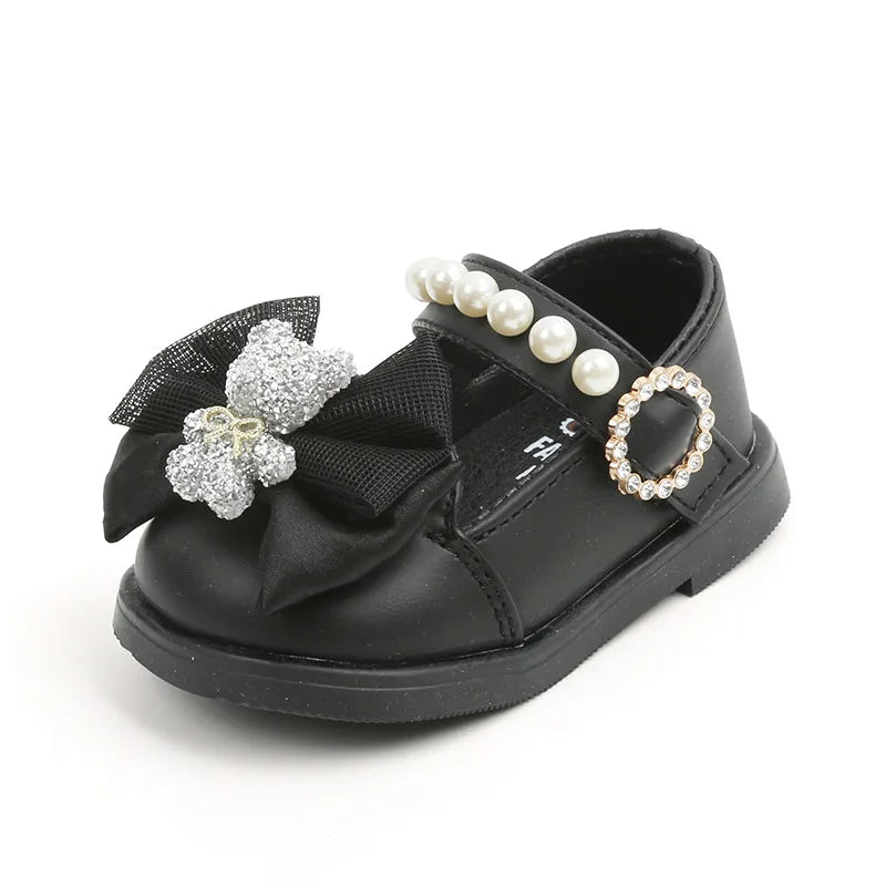 Baby Girls Walking Shoes with Big Bow Bear Children Princess Shoes Soft Sole Round Toe 2026 New Fashion Kids Flat Shoes Non-slip