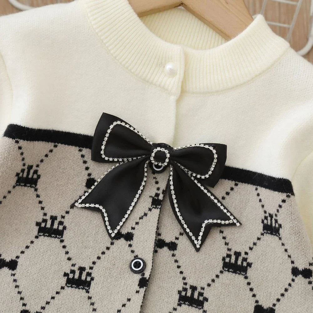 Girl Suits Matching Clothes Set Argyle Knit Cardigan Sweater & Pleated Skirt Bow Preppy Outfit Fall Winter Kids School Clothes