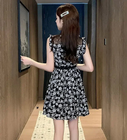 Neck Gauze Mesh Slim Sleeveless Floral Dress Women's New Style Spliced round