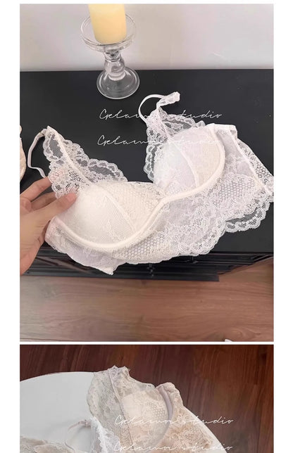 French Lace Lingerie Gathered No Steel Ring Bra Deep V Neck Sexy Wire Free Bras Underwear Tank Tops Padded Camisole Vest