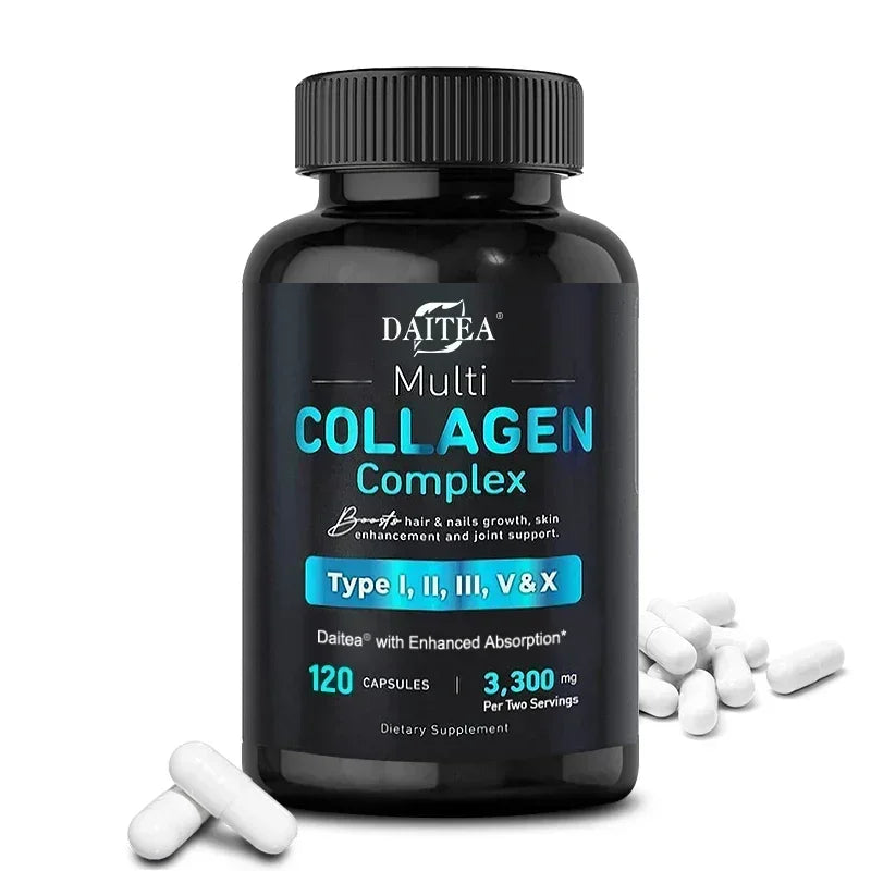 Collagen Complex (Types I, II, III, V, X) - with Digestive Enzyme Blend, Non-GMO - 120 Capsules, for Men and Women
