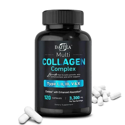 Collagen Complex (Types I, II, III, V, X) - with Digestive Enzyme Blend, Non-GMO - 120 Capsules, for Men and Women