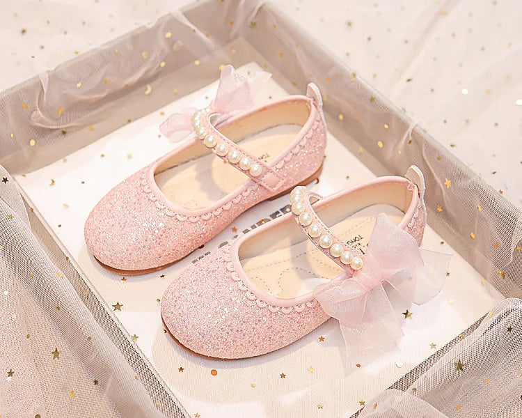 Girls Oxfords Bling Shoes Spring Autumn Kids School Dancing Shoes Pearl Beadings Big Girls Soft PU Leather Shoes Pink, Beige