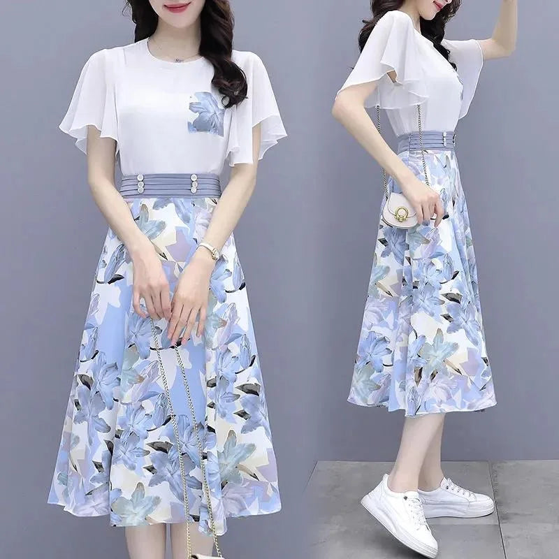 Floral Print Chiffon Dr Set Women's Summer Faion Slimming ular f-length Skirt Two-piece Set round Ne ort Sve
