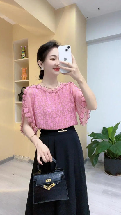 Elegant O-Neck Printed Folds Ruffles Flare Sleeve Blouses Women's Clothing 2024 Summer New Loose Korean Tops Office Lady Shirts