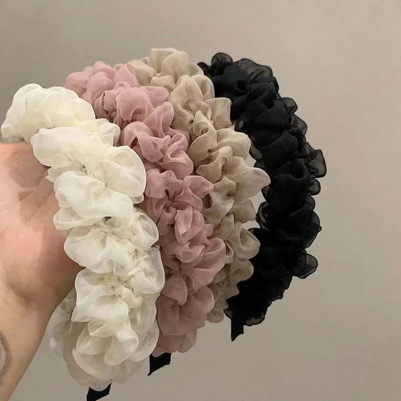 New Trendy Solid Color Mesh Pleated Headbands for Women Korean Elegant Ruffle Hairband Hair Band Headwear Hair Accessories